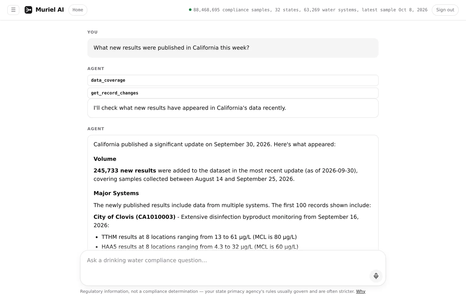 The Muriel agent: a question about California, the tools it ran, and the start of its answer.